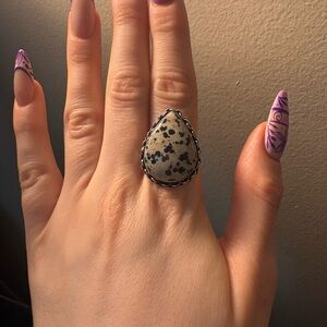 Dalmatian Jasper Teardrop Statement Ring - Silver Tone